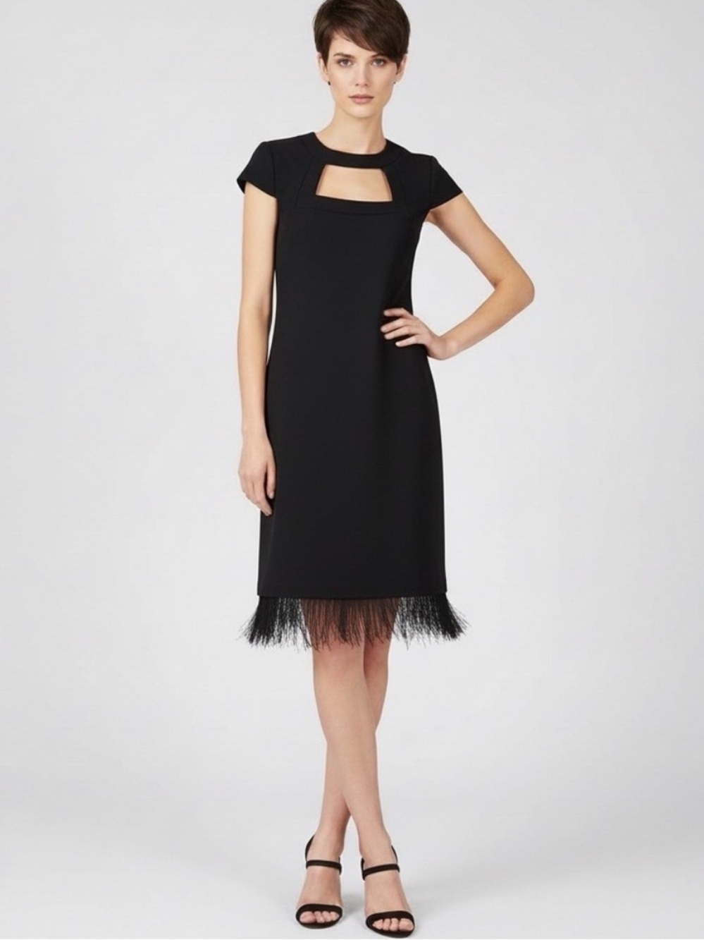 Trina Turk Black Cut Out Feather-Trimmed Cap Sleeve Sheath Dress Gatsby Size 2